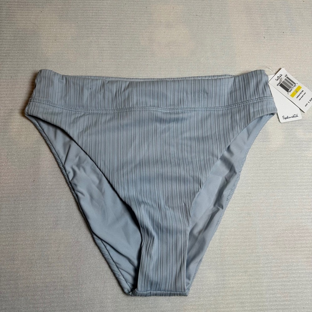 Splendid Varigated Rib High Waist Bikini Swim Bottoms Ice‎ M MSRP $62 Cheeky